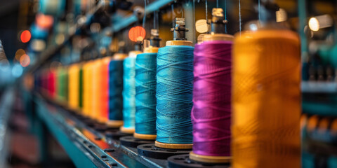 Spools of colorful threads on an industrial textile machine, illustrating the fabric-making process