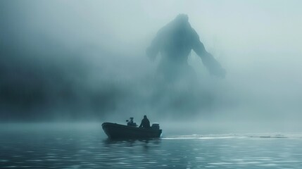 Sonar equipment beeps on a boat as a shadowy figure appears in the misty lake Loch Ness monster hunt underway - obrazy, fototapety, plakaty