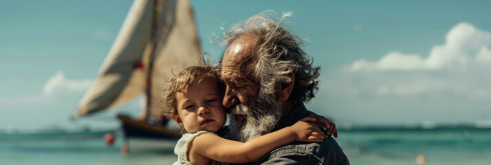 A tender moment between a grandfather and grandchild by the ocean, with a sailboat in the distance