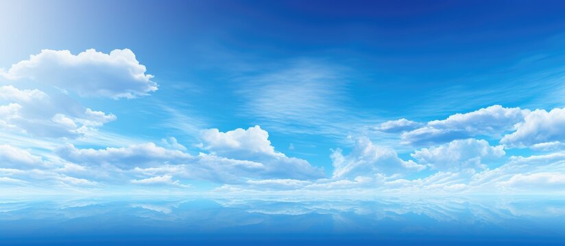 The image showcases a panoramic view of a blue gradient sky with fluffy white clouds above a vast expanse of blue water. The contrast of the sky and water creates a mesmerizing scene.