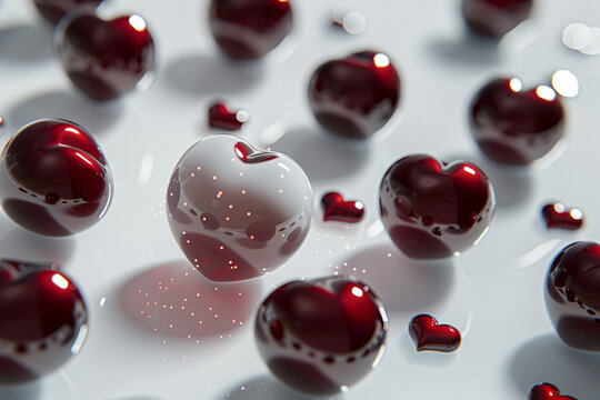 A polished white surface with a constellation of deep red hearts around it, where the light dances off the surface to create a vivid, eye-catching contrast and depth