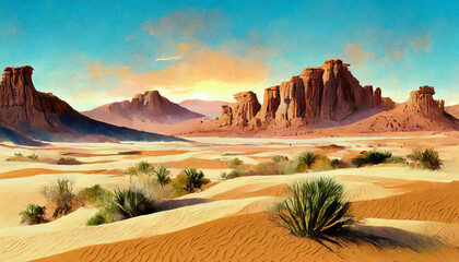 Detailed illustration of desert landscape with sand, plants and mountains.