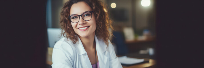 Fototapeta premium Confident young Caucasian female doctor looking at computer screen, smiling, in a hospital office.