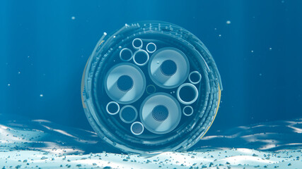 Section of an subsea internet communication cable on the seabed in the ocean. 3d rendering
