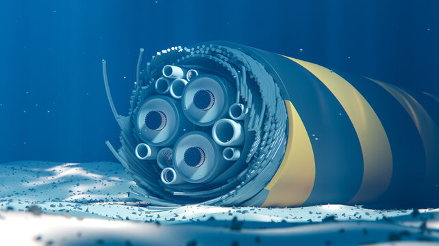 Broken subsea cable on the seabed. Internet connection failure. 3d rendering