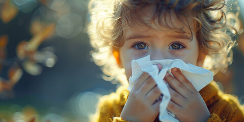 Young child holding a tissue to their nose, backlit by gentle sunlight