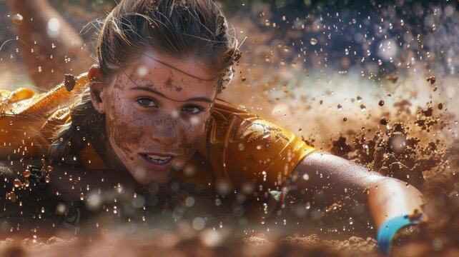 A closeup of a young woman's sliding into home plate head first
