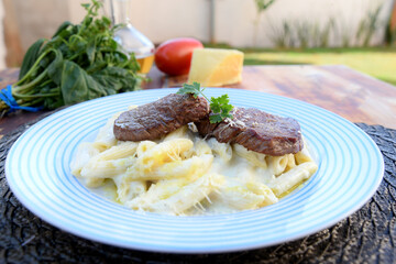 penne pasta with red bolognese sauce, typical Italian cuisine with filet mignon