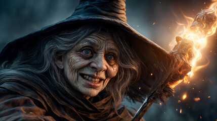 Halloween smiling malevolent sorceress scene. Elderly witch. Generative AI - obrazy, fototapety, plakaty