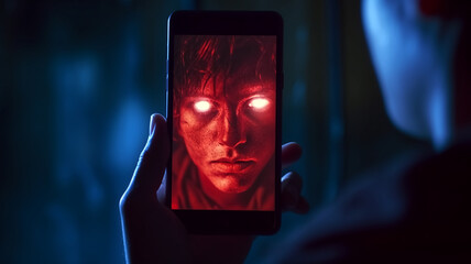 Darkness Unleashed: A glowing bulb illuminates a person, revealing a face adorned with an evil mask In the eerie light, the figure embodies the fears of horror, Halloween, and the sinister depths of t