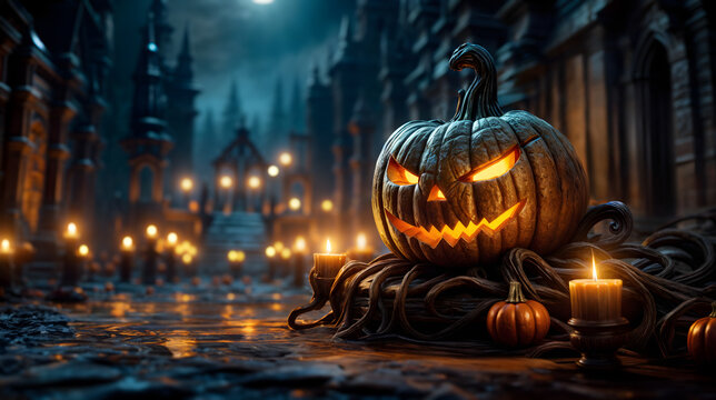 Halloween spooky background, scary pumpkins on street road. Generative AI