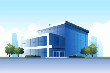 Poster Business center with glass windows or shopping center with the city in the background. Modern office building with trees and parking. Vector illustration for design. © LoveSan