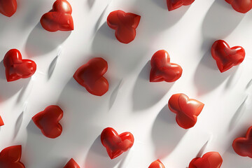 A seamless white backdrop adorned with scattered red hearts, each heart casting a subtle shadow, under a flawless, diffused lighting condition for a romantic and high-quality visual effect