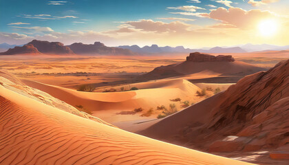 Fototapeta na wymiar Detailed illustration of desert landscape with sand, plants and mountains.