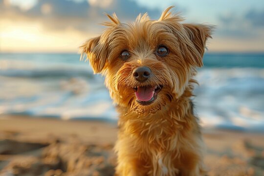 A delightful photograph capturing a cute smiling dog enjoying the beach