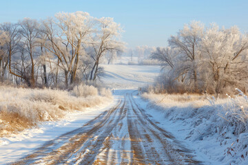 Obraz premium Dirt road leading to frosted woodland along snowy farmland.