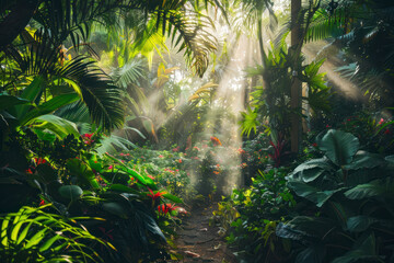 Morning light in beautiful jungle garden.