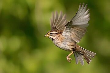 White-throated sparrow in flight showcases its distinctive plumage and graceful movements as it navigates through the air with its white throat contrasting against its warm brown and black marking