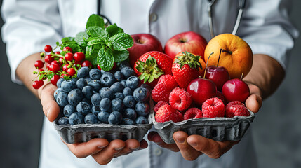 Nutritionist holds fresh fruits or vegetables in his hands. Concept of proper nutrition and world...