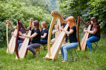 Ensemble of six young musicians performs outdoors in park at grassy lawn
