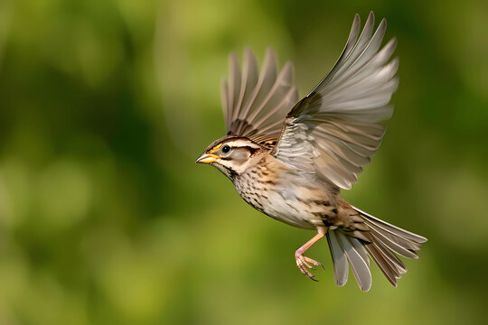 White-throated sparrow in flight showcases its distinctive plumage and graceful movements as it navigates through the air with its white throat contrasting against its warm brown and black marking