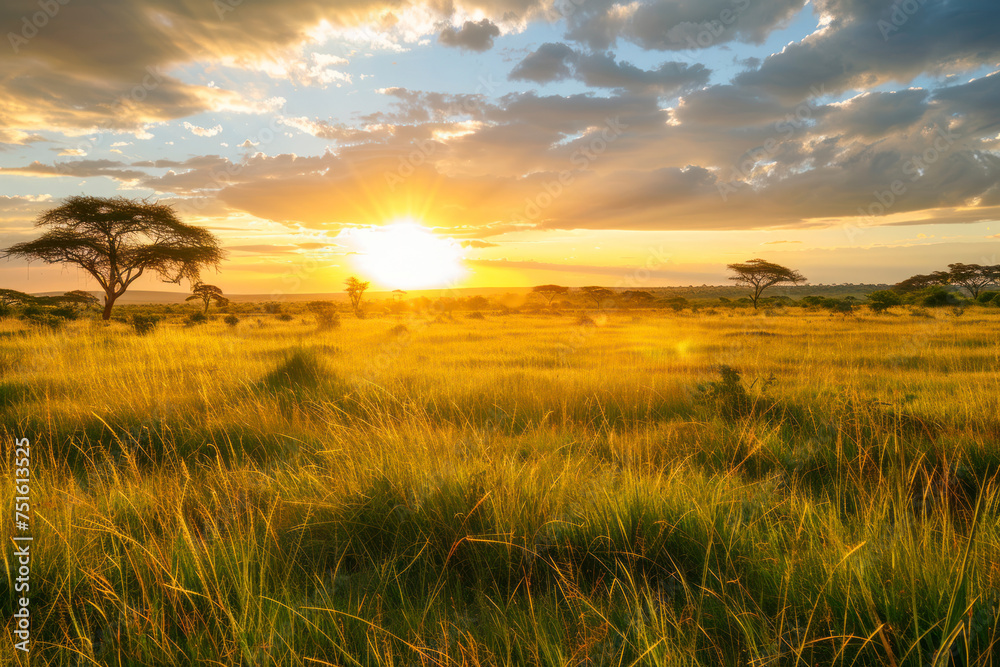 Wall mural Sunrise over the savanna and grass fields.