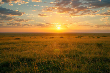 Sunrise over the savanna and grass fields. - obrazy, fototapety, plakaty