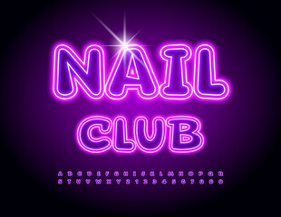 Vector glowing sign Nail Club with Purple Neon Font. Illuminated Alphabet Letters and Numbers set.