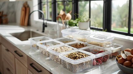 Meal Management a neatly organized dog food container system in a modern kitchen showcasing pet nutrition