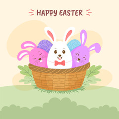 Easter card with cute bunny and eggs in basket. Vector illustration