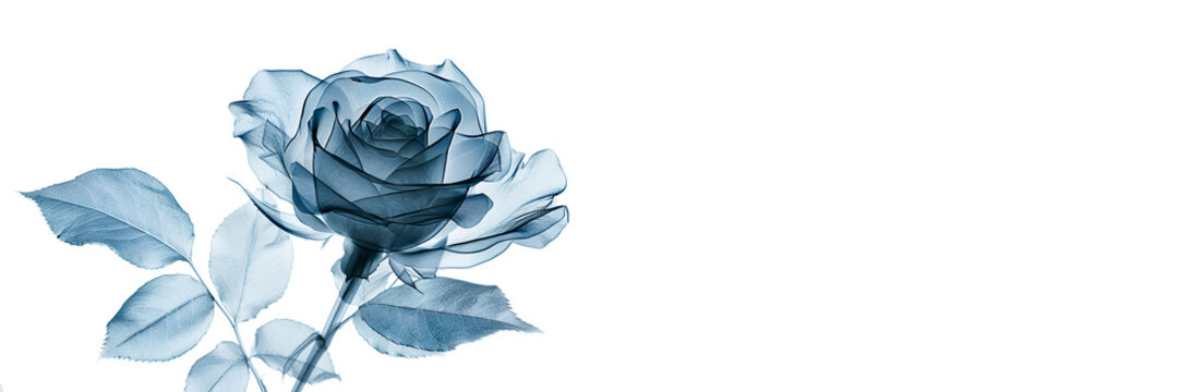 Minimalistic rose with transparent petals in x-ray style close-up on a white background. Banner with copy space.