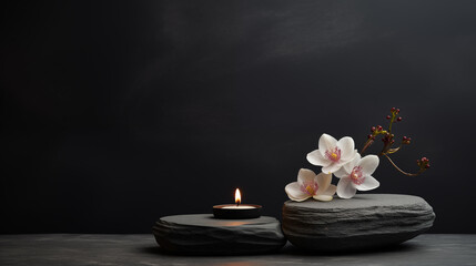Obraz na płótnie Canvas Spa Background: Spa Stone, Scented Candle, and Flowers.