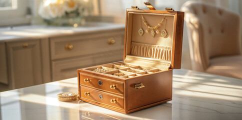 opened jewelry and beauty accessories women wear organizer box or travel container with mirror and ring and bracelet space in elegant modern stylish design on top of bedroom dresser table