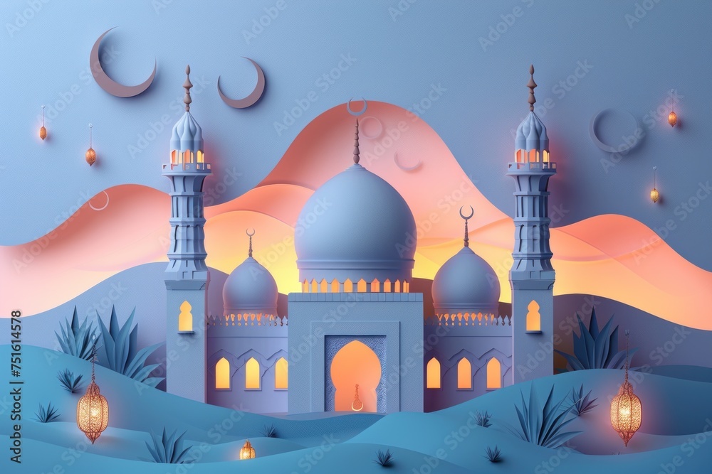 Wall mural Exquisite Paper Cut Greeting Card Featuring Mosque Background