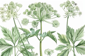 Angelica Botanical Illustration, Archangelica Medicinal Plant, Angelica Flowers Botanical Drawing