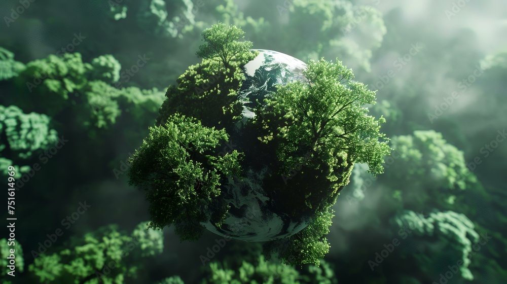 Sticker Earth planet with green trees and blue sky background. 3d rendering