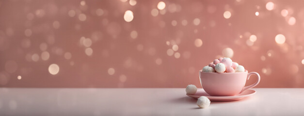 Pink and white praline in a cup, sweet fantasy scene with hand-made cakes in a lovely pink clay cup, bokeh background with golden orbs, copyspace, marshmallows banner