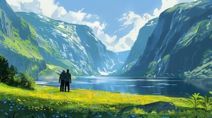 A couple standing on the meadow with a majestic view on Eidfjord from Kjeasen, Norway. Slopes of the mountains are overgrown with lush green grass. Water has dark blue color. Sunny and clear day 