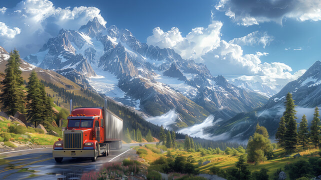 A digital painting capturing a majestic semi truck journeying along a winding road
