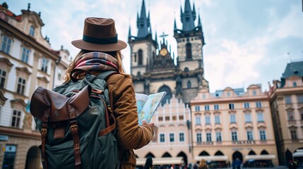Fototapeta na wymiar A tourist with a backpack in front of a beautiful old architecture in Prague in the Czech Republic. She looks at the map