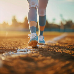 A closeup of a young woman's softball cleats running to 1st base