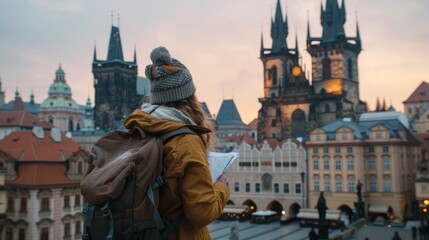 Naklejka na ściany i meble A tourist with a backpack in front of a beautiful old architecture in Prague in the Czech Republic. She looks at the map