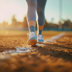 A closeup of a young woman's softball cleats running to 1st base