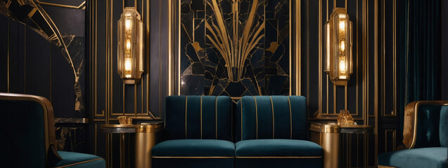 Art deco-inspired home theater with velvet seating and gold accents - obrazy, fototapety, plakaty