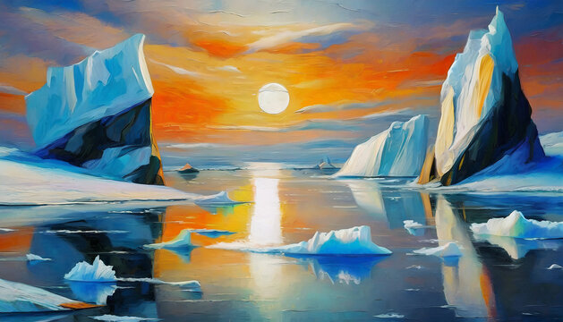Oil painting of North Pole landscape with melting ice in blue water. Icy arctic glacier.