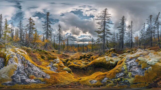 Amazing nature landscape view of north scandinavian forest. Spruce forest with moss. Location: Scandinavian Mountains, Norway. Artistic picture. Beauty world. Panorama