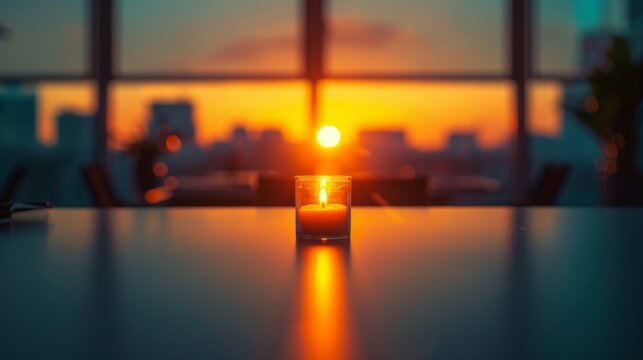 Minimalist Urban Sunset: A Candle on a Table with a Light-Filled Cityscape View, Capturing the Grandiose, Sun-Soaked Atmosphere of an Outdoor City Scene