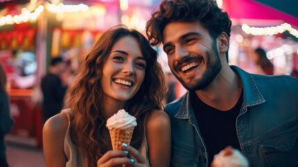 A young couple has fun and joy at an amusement park