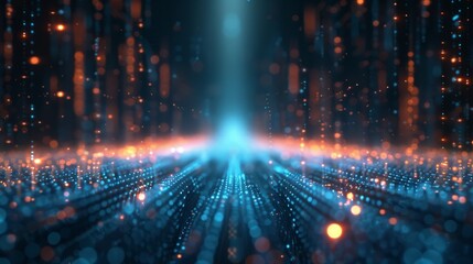 Obraz premium Futuristic abstract background with light dots in orange, blue, and teal innovative technology and modern art. Digital artwork gradient beams cyan red tones stylish, creative, and aesthetic design.