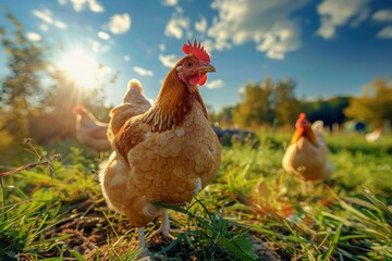 Fototapeta premium Chickens on a Beautiful Lawn Near Farm, Ideal Green Eco-Farm for Raising Chickens, Eco Bio Hen Farm Meadow